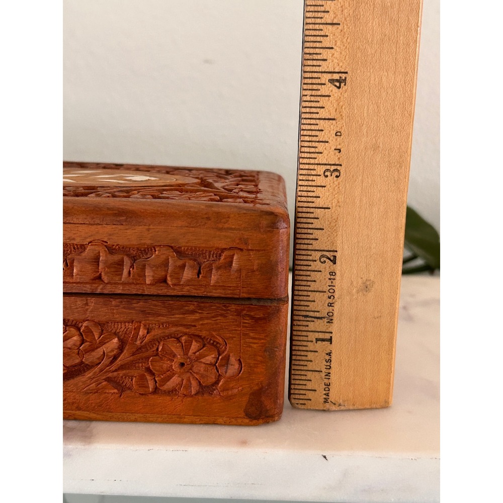 Vintage Hand Carved Floral Wood Jewelry Box Shell Inlay Blue Velvet Lined - Picture 15 of 16